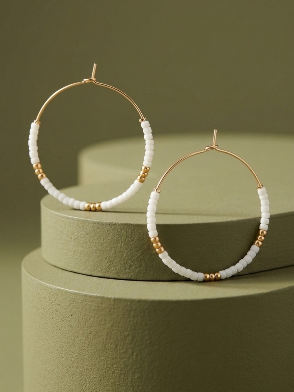 Gold Hoop Earrings with White Beaded Accents - Women's Jewelry